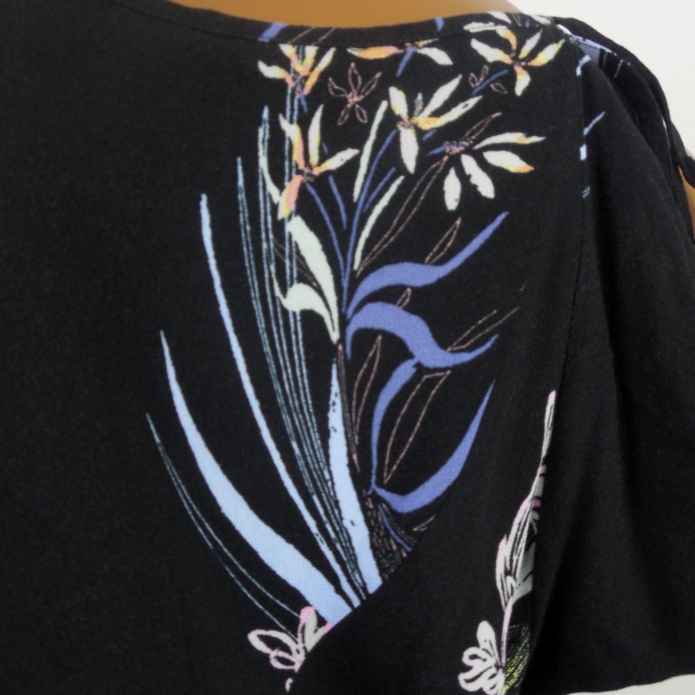 FREE PEOPLE Top M Black Floral Tunic Shirt Tie Cold Shoulder Long Sleeves Casual - Picture 10 of 13